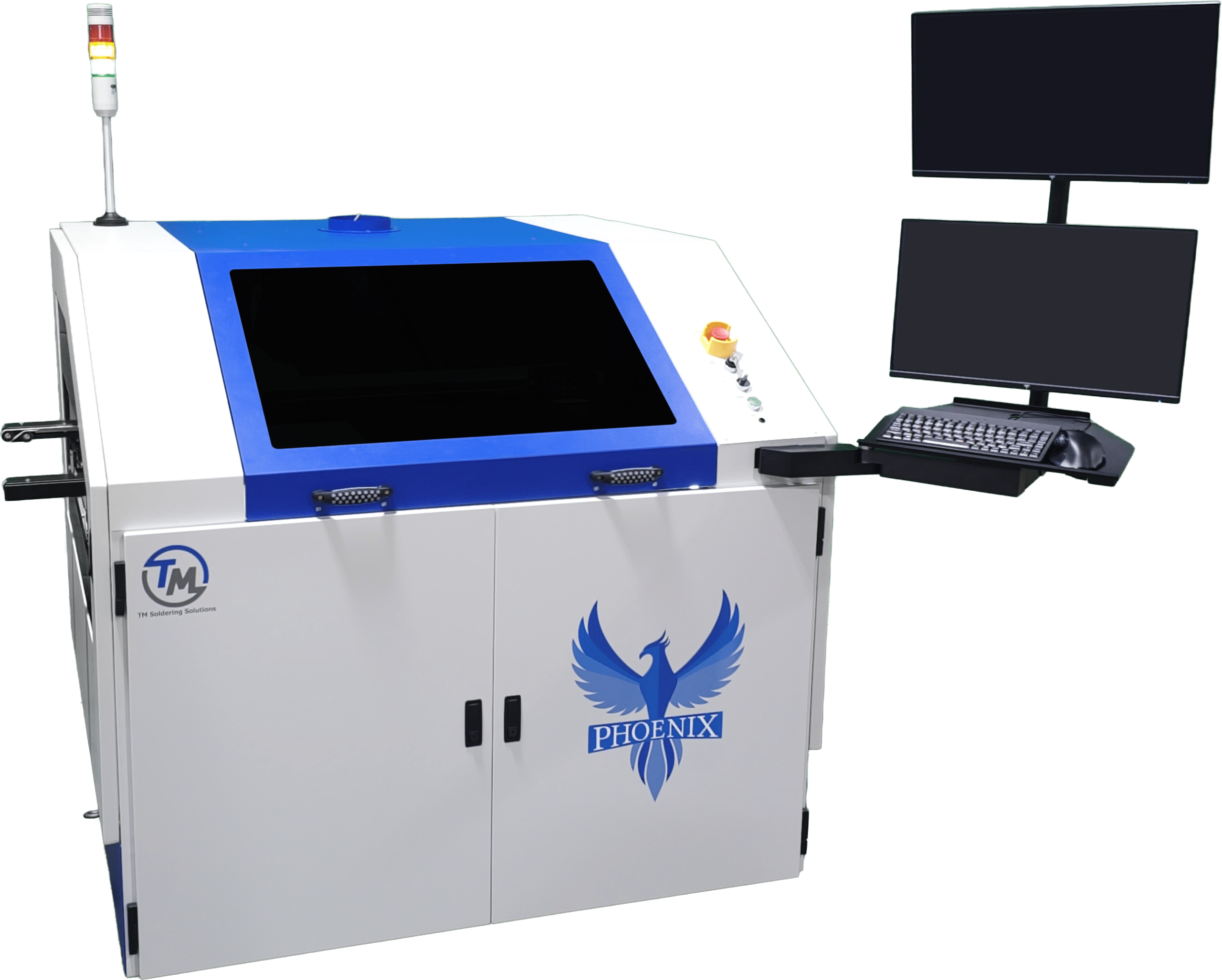 A large white and blue industrial machine labeled "PHOENIX" with a phoenix logo, two monitors, a keyboard, control buttons, and indicator lights—an advanced Automated Soldering System for precision PCB soldering.