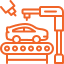 An orange line drawing of a car on a conveyor belt with robotic arms above, illustrating an automated car manufacturing process enhanced by Automated Soldering Systems.