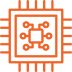 An orange line drawing of a microchip featuring a central square linked to a larger square by lines, representing electronic circuitry or processor technology—ideal for illustrating PCB soldering equipment.