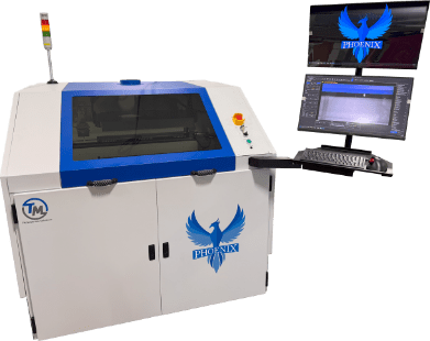 A white and blue industrial machine labeled "PHOENIX" with a glass window, control buttons, and an attached monitor and keyboard displaying software, this advanced PCB Soldering Equipment features a top-mounted signal light.